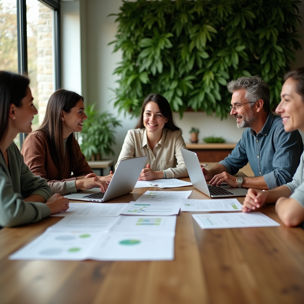 Equipo de trabajo planificando tareas alrededor de una mesa con laptops